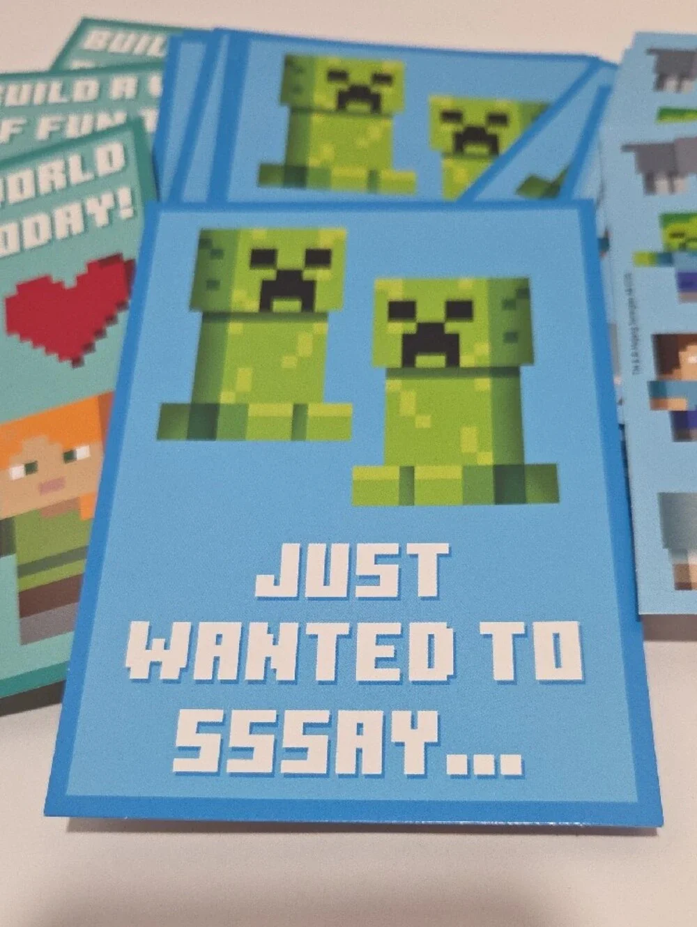 Minecraft Blue Creeper Valentine Sticker Greeting Card Set